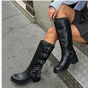 Motorcycle Boots w/Straps & Buckles Chunky Heel Biker Black Boots Women’s Size 7